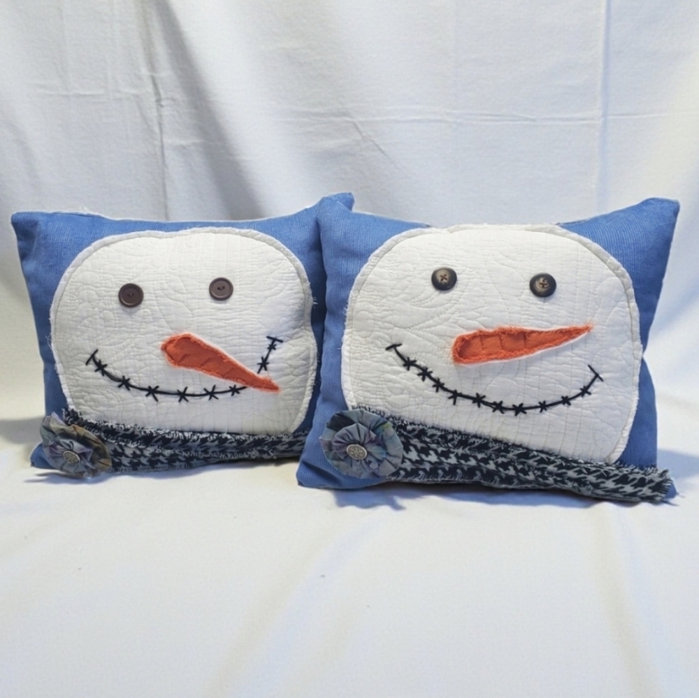 NEW Homemade Snowman Decorative Pillow Set - Blue and White